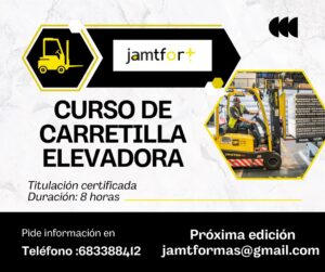 Cartel de curso de carretilla elevadora con titulación certificada duración de 8 horas.
